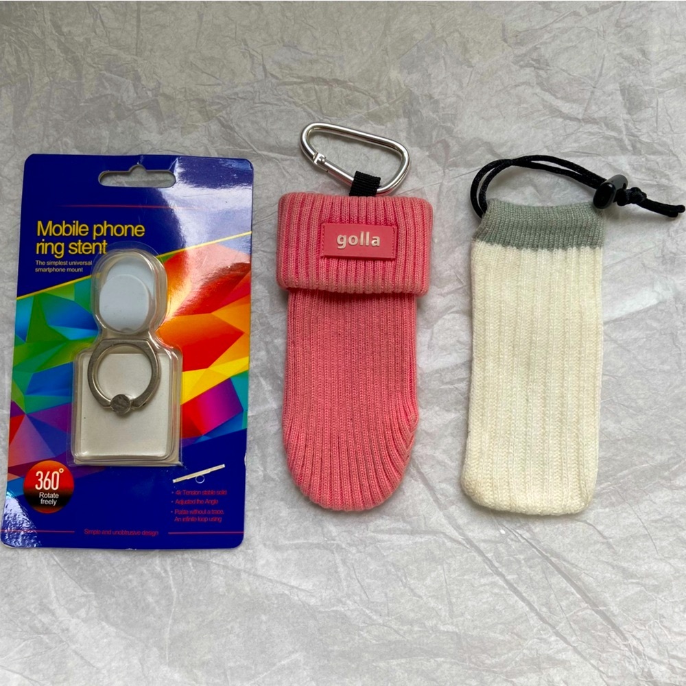 Two Mobile Phone Knitted Cases and a Mobile Phone Ring Stent